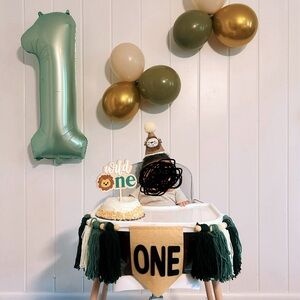 ONE Banner with Tassels, Wild One cake topper & Lion party hat for 1st birthday